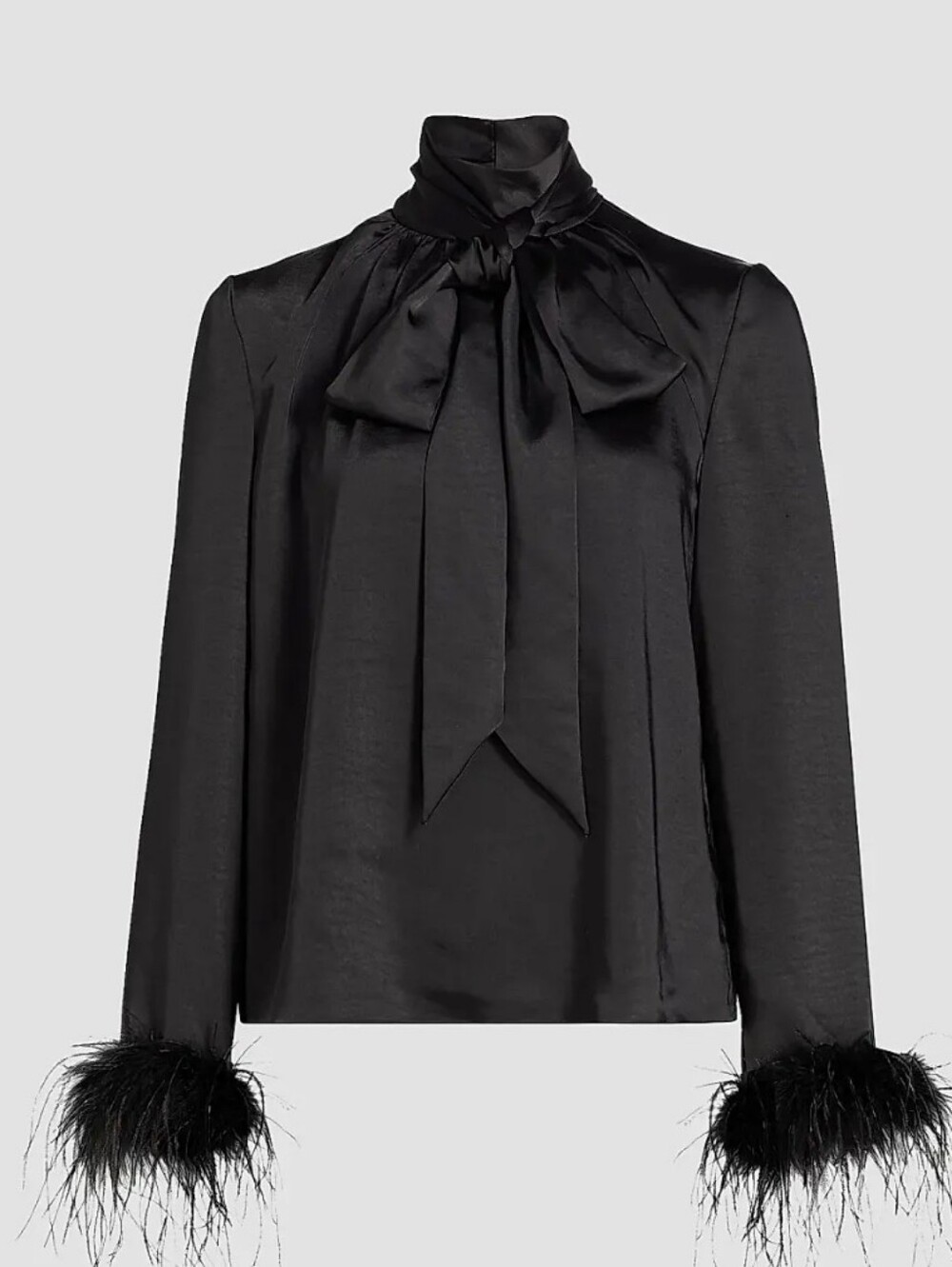 Toccin Veronica Long Sleeve P*ssy Bow Feather-cuff Satin Blouse